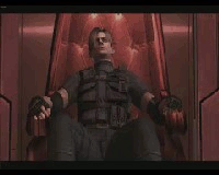 Animated gif of Leon Kennedy sitting on a throne while resting one of his legs on the other