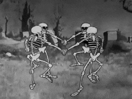 Animation of 4 cartoon skeletons, they are holding hands and dancing in a circle