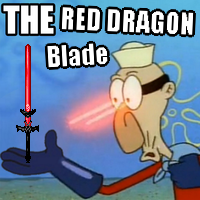 Picture of mermaid man looking at the sprite of a Red Dragon Blade with the caption 'THE Red Dragon Blade'